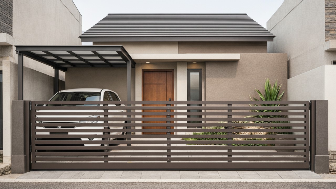 Pagar Besi hollow horizontal berjarak rapi memberi kesan ringan pada fasad rumah minimalis.