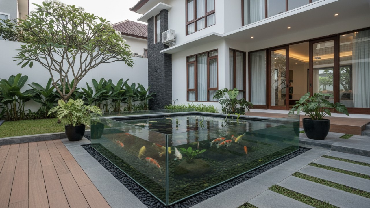 desain geometris memperkuat karakter kolam ikan kaca