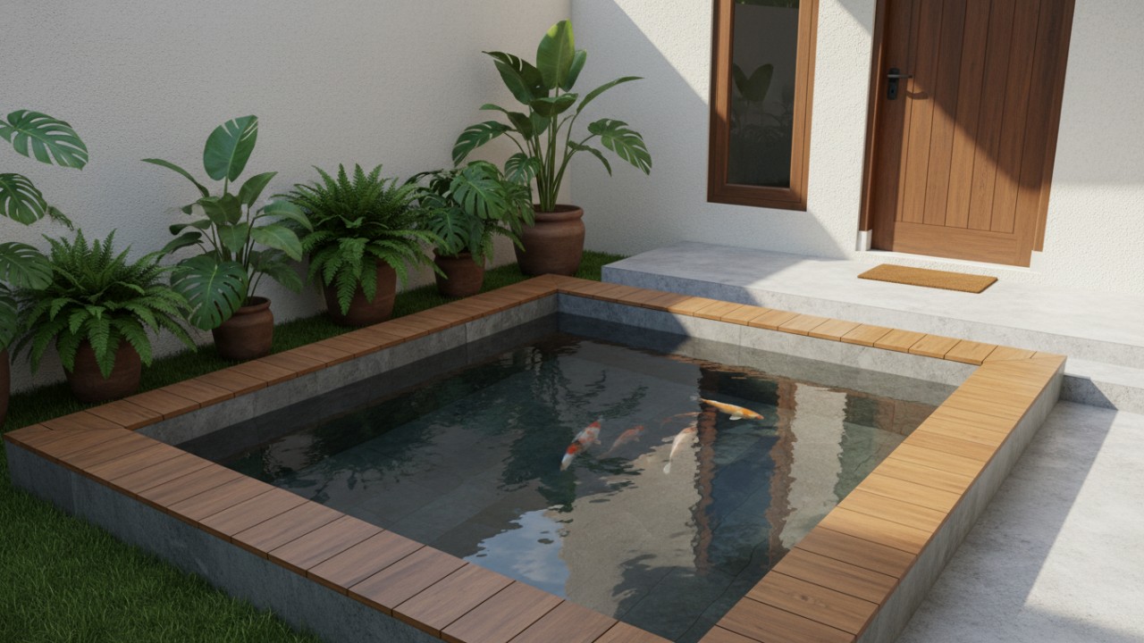 Kolam ikan minimalis di sudut depan rumah dengan desain sederhana dan material alami.
