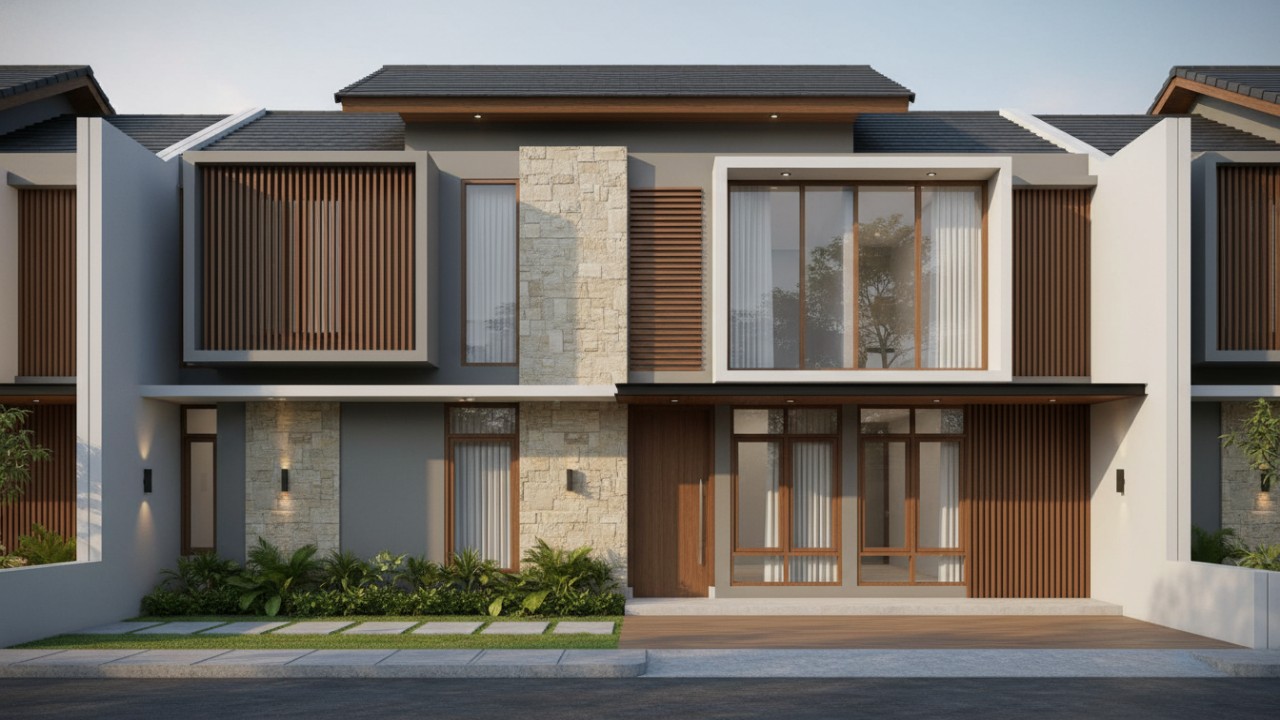 Aksen kayu dan warna netral memperkuat kesan modern.