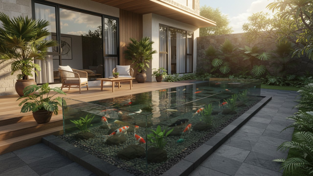 Kolam ikan kaca minimalis sebagai elemen visual utama halaman rumah