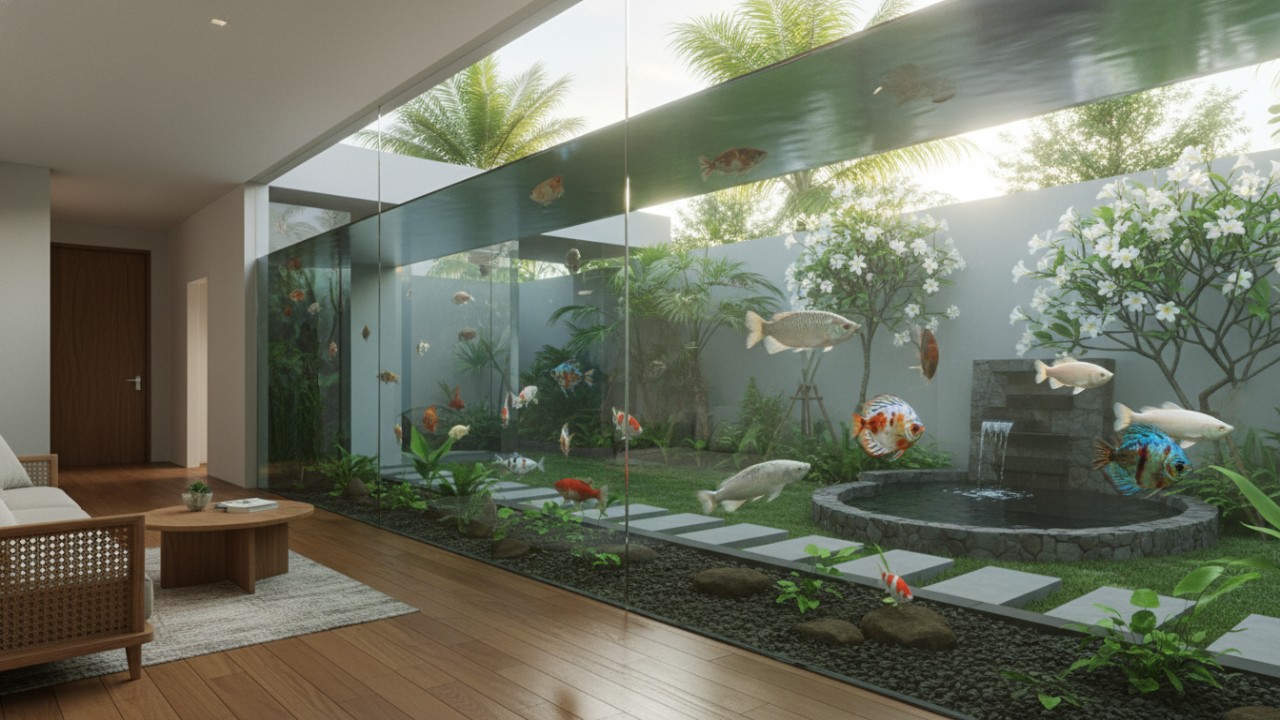 peran kolam ikan kaca dalam interaksi visual penghuni rumah