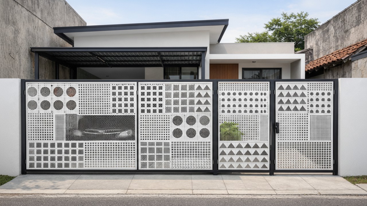 Pagar dengan plat perforated geometris membantu sirkulasi udara dan visual terbuka pada rumah minimalis.