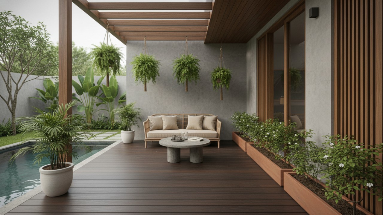 Material batu alam dan pot natural memperkuat kesan asri.