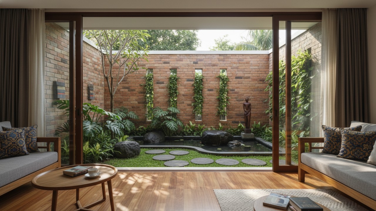 Taman mini menyatukan ruang luar dan dalam rumah.