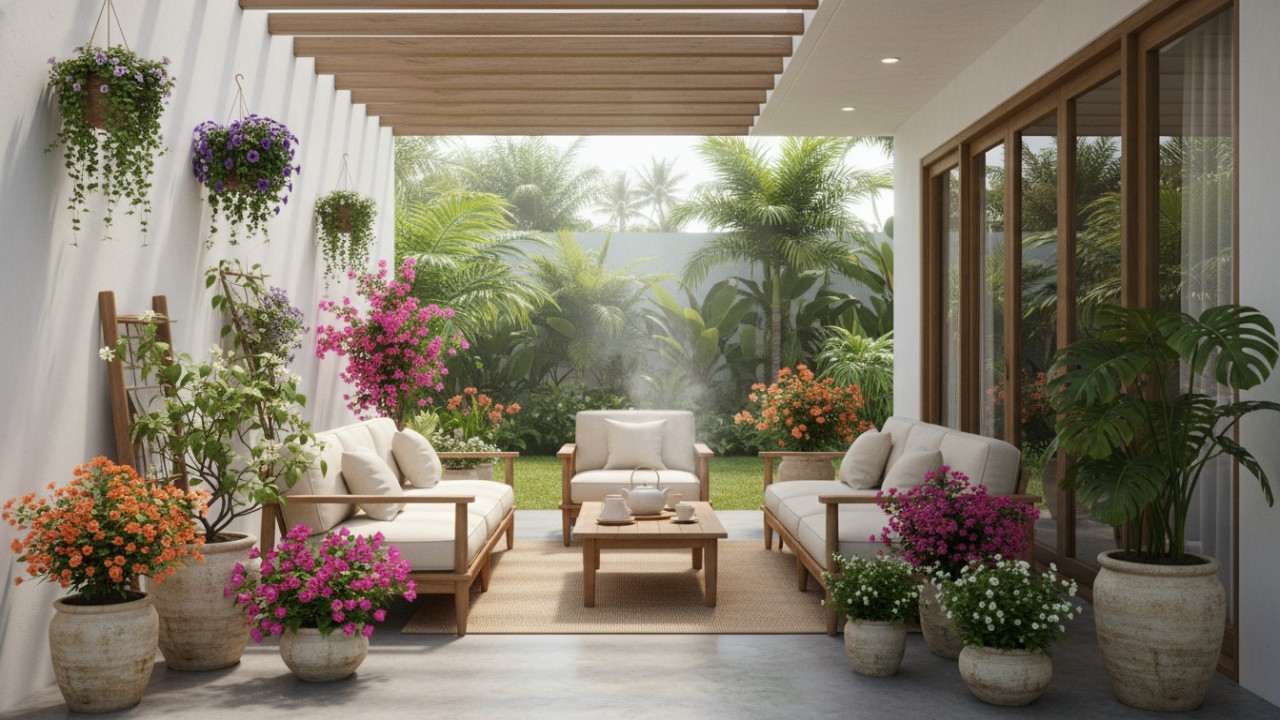 Visual teras rumah yang segar dengan tanaman berbunga adaptif.