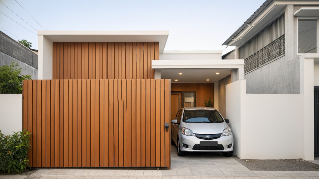 Pagar dengan kayu rekayasa vertikal memberi ilusi tinggi pada rumah minimalis.