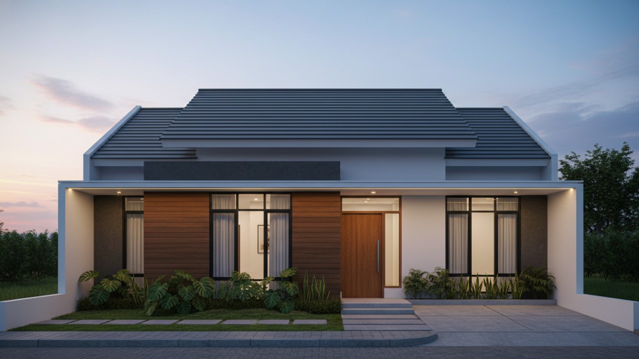 Visual fasad rumah modern-minimalis dengan atap depan berdesain tegas dan proporsional.