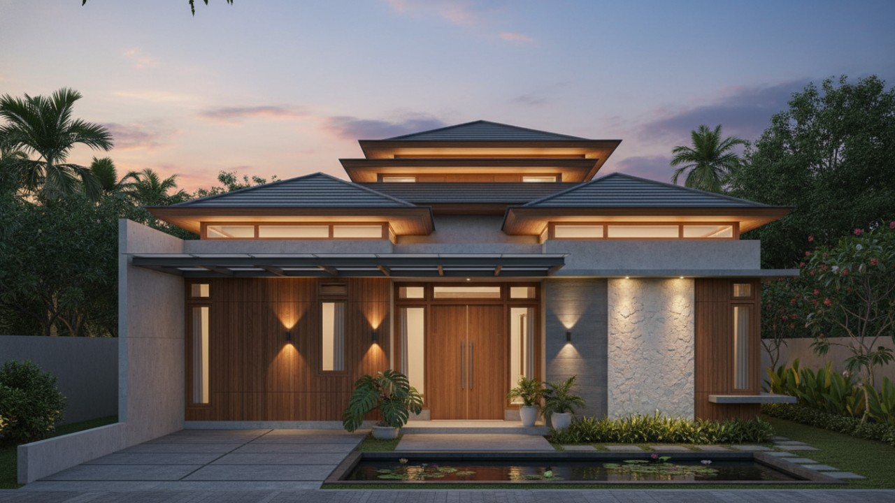 Atap datar bertingkat memberi kesan modern pada fasad rumah.
