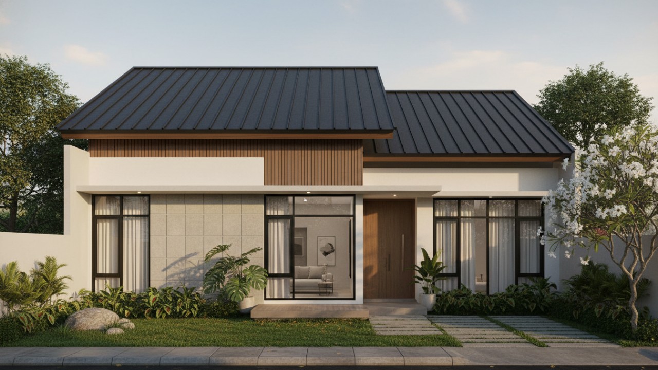 Kombinasi bidang datar dan miring menciptakan visual seimbang,Material atap bertekstur halus menambah kesan modern.