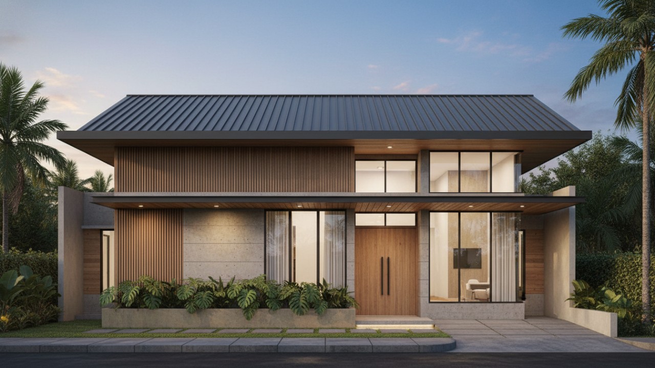 Fasad rumah modern-minimalis dengan desain atap depan yang bersih dan proporsional.
