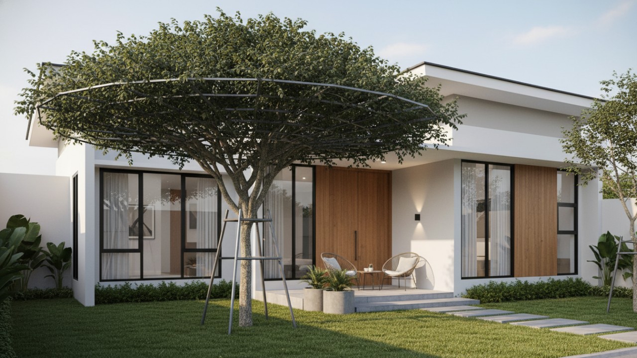 Pohon peneduh modern dengan kanopi rapi di halaman rumah.