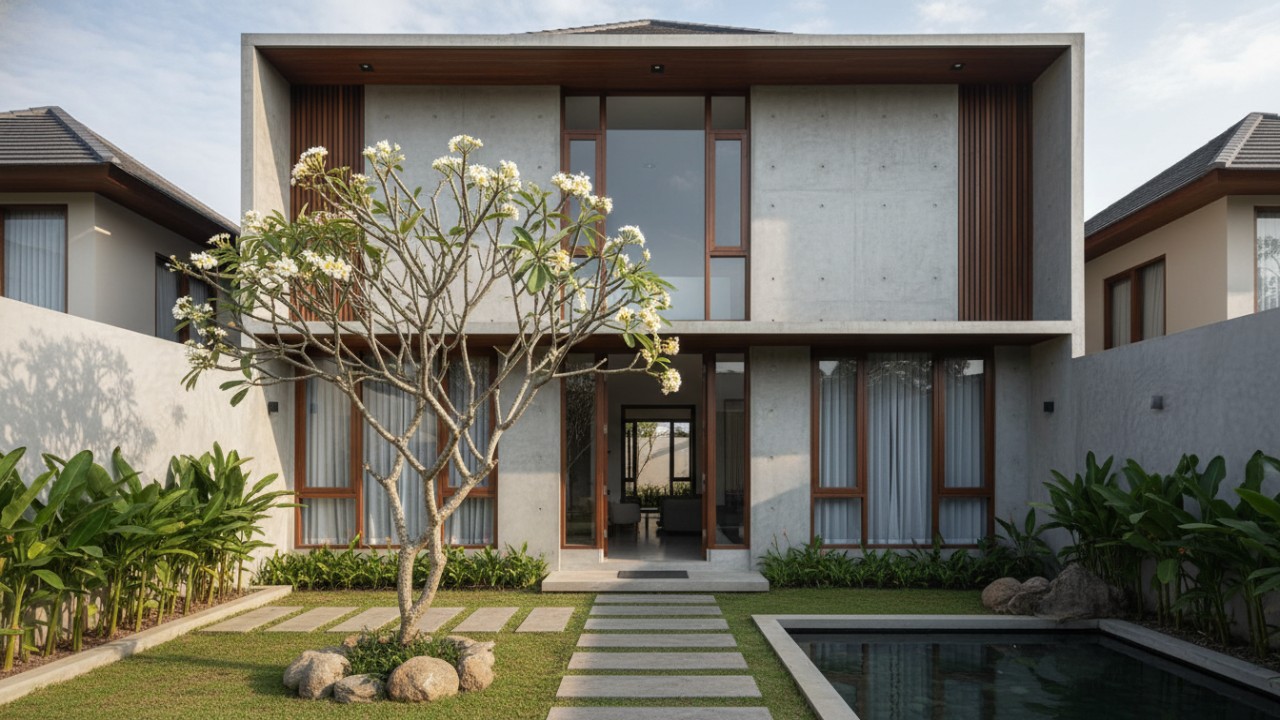 Pohon kamboja sebagai aksen visual halaman hunian.