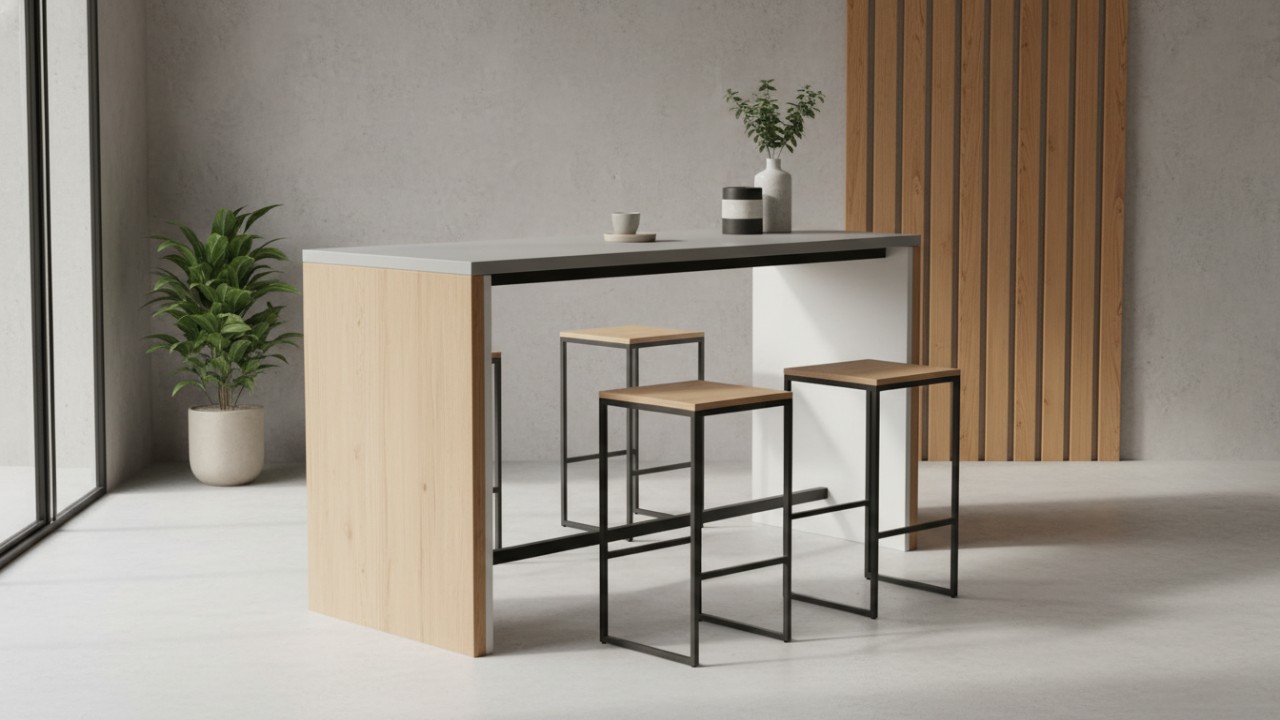 Material meja bar minimalis dengan warna netral.