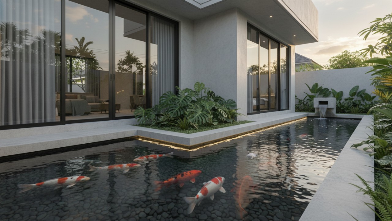 Kolam ikan minimalis di sudut depan rumah dengan desain rapi dan menyatu arsitektur.