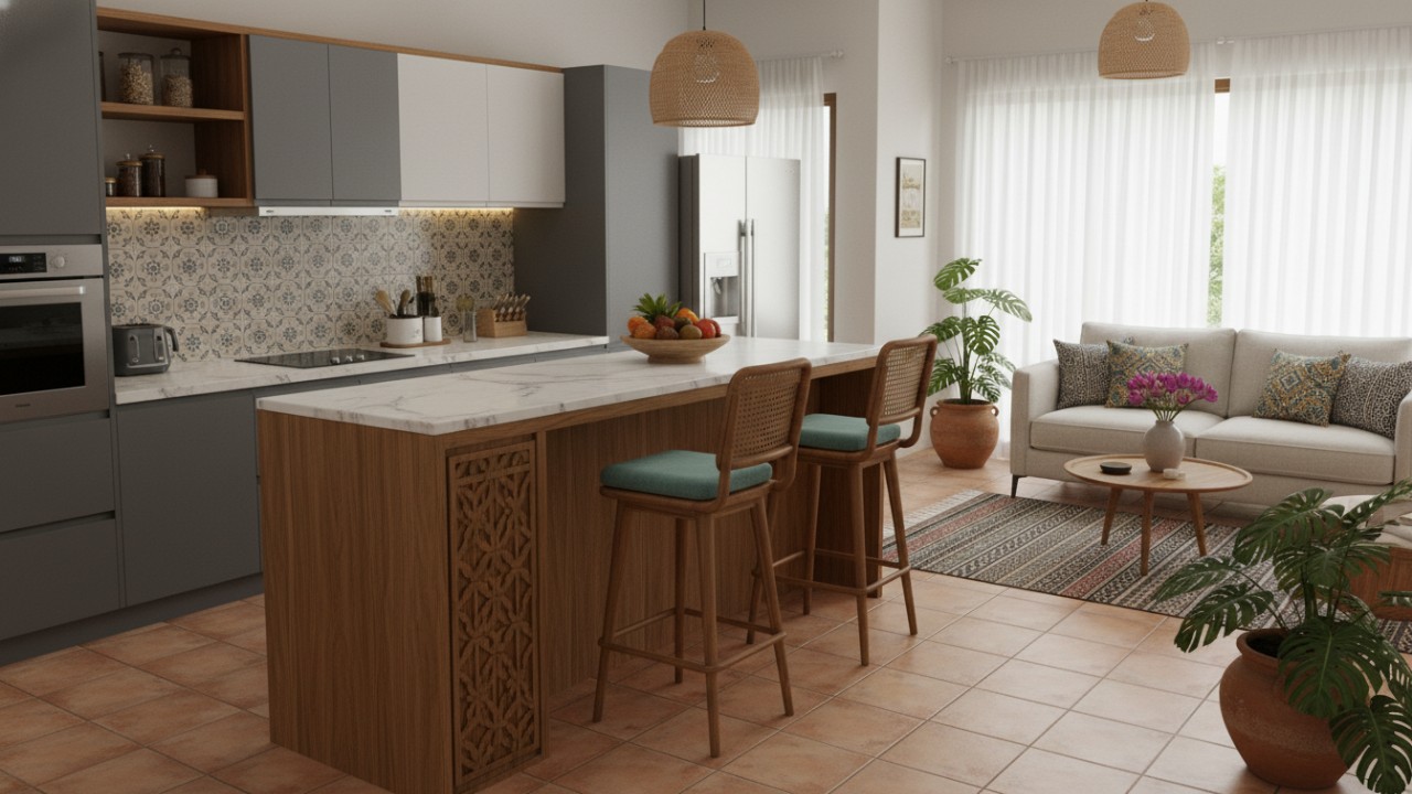 Penempatan meja bar sebagai pembatas visual dapur dan ruang keluarga.