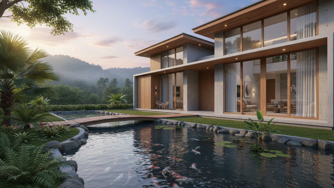 Elemen air sebagai transisi visual dari halaman menuju ruang utama rumah.