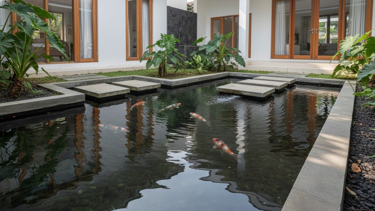 Pencahayaan alami memainkan peran penting dalam desain kolam sudut depan. Pantulan cahaya pada permukaan air menambah kedalaman visual, membuat area depan terasa lebih luas dan berlapis.