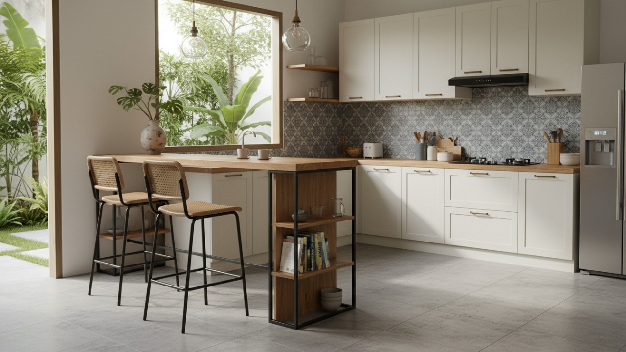 Meja bar menempel pada kitchen set untuk efisiensi ruang.