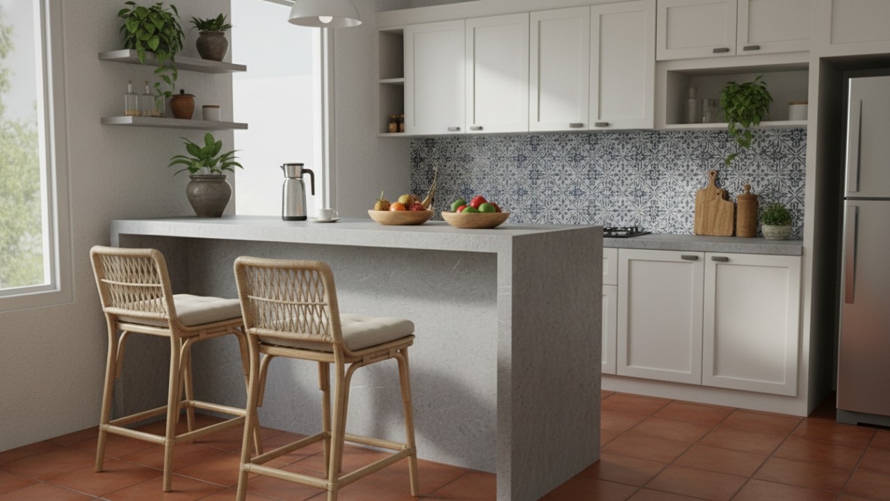 Meja bar sebagai batas visual dapur dan ruang lain