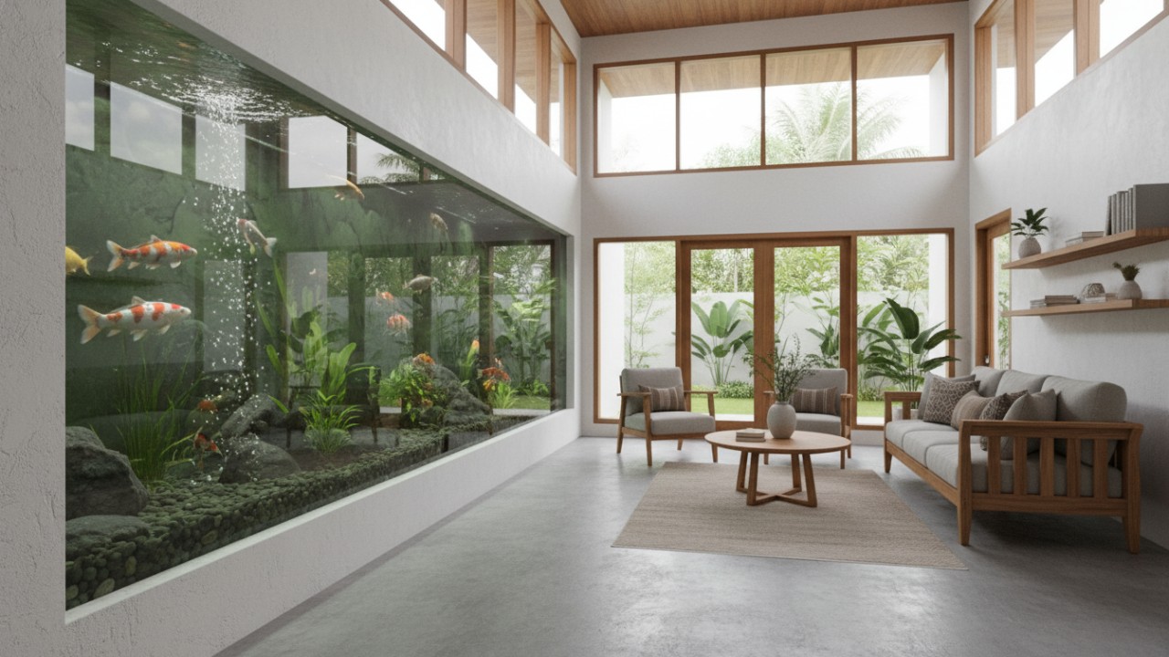 Kolam ikan dinding sebagai elemen visual alami yang menyatu dengan interior hunian mini.
