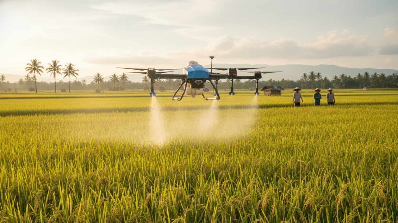 Aktivitas pengendalian hama tanaman menggunakan teknologi drone.