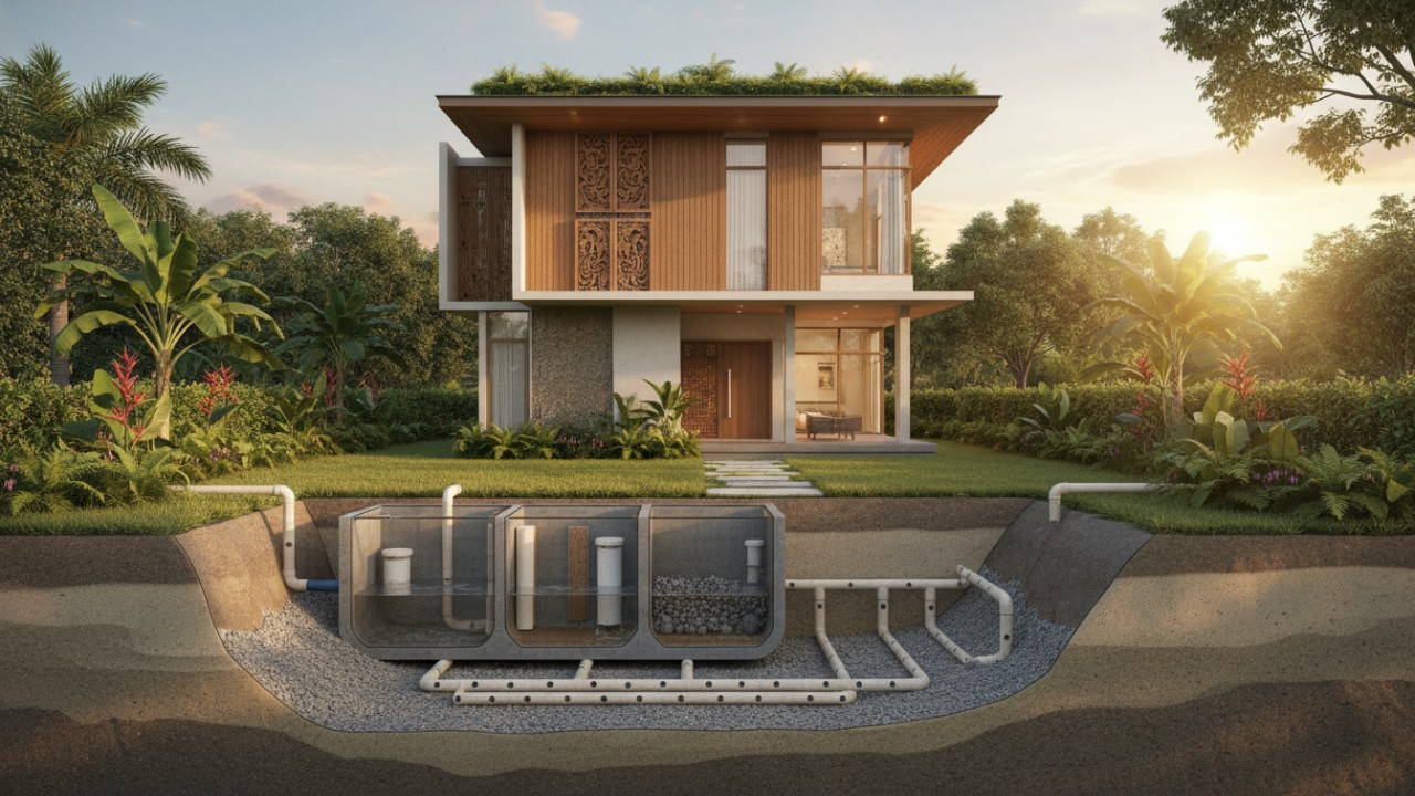 Ilustrasi sistem septic tank resapan sesuai SNI pada hunian modern