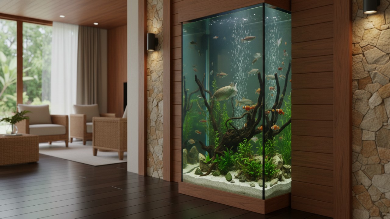 Desain kolam ikan vertikal menyatu dengan material alami interior