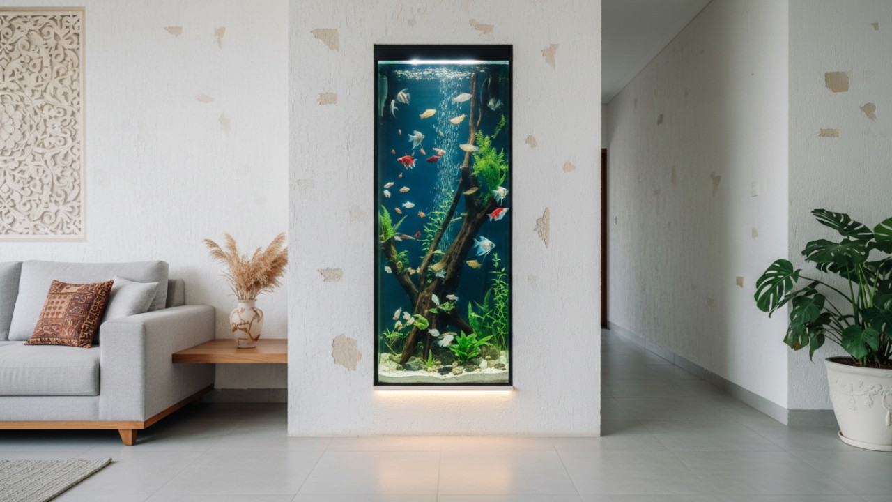 Kolam ikan mini di dinding rumah kecil dengan desain vertikal modern.