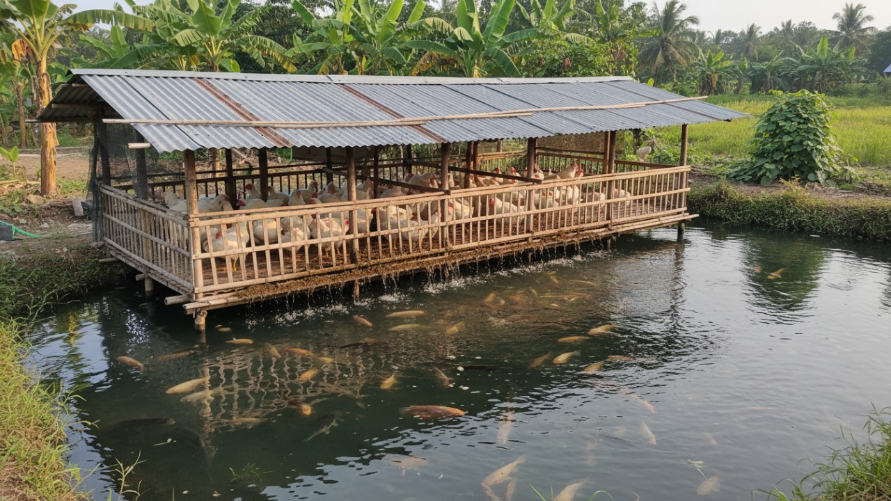 Kolam ikan air tawar di bawah kandang ayam sebagai contoh budidaya terpadu hemat pakan dan berkelanjutan.