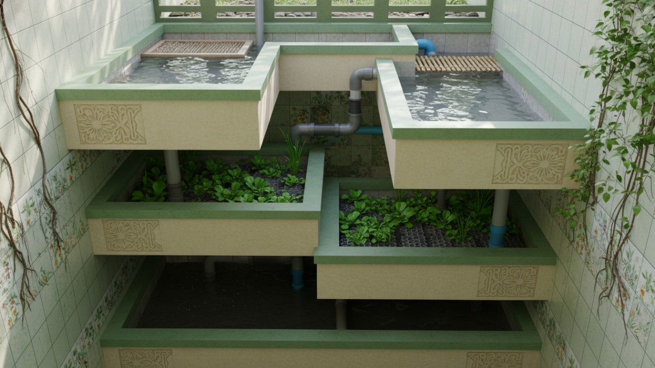 Desain ruang pengolahan limbah bertingkat pada septic tank