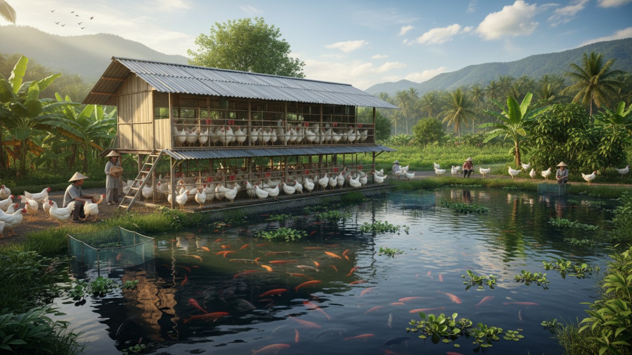 Sistem kandang ayam terintegrasi dengan kolam ikan