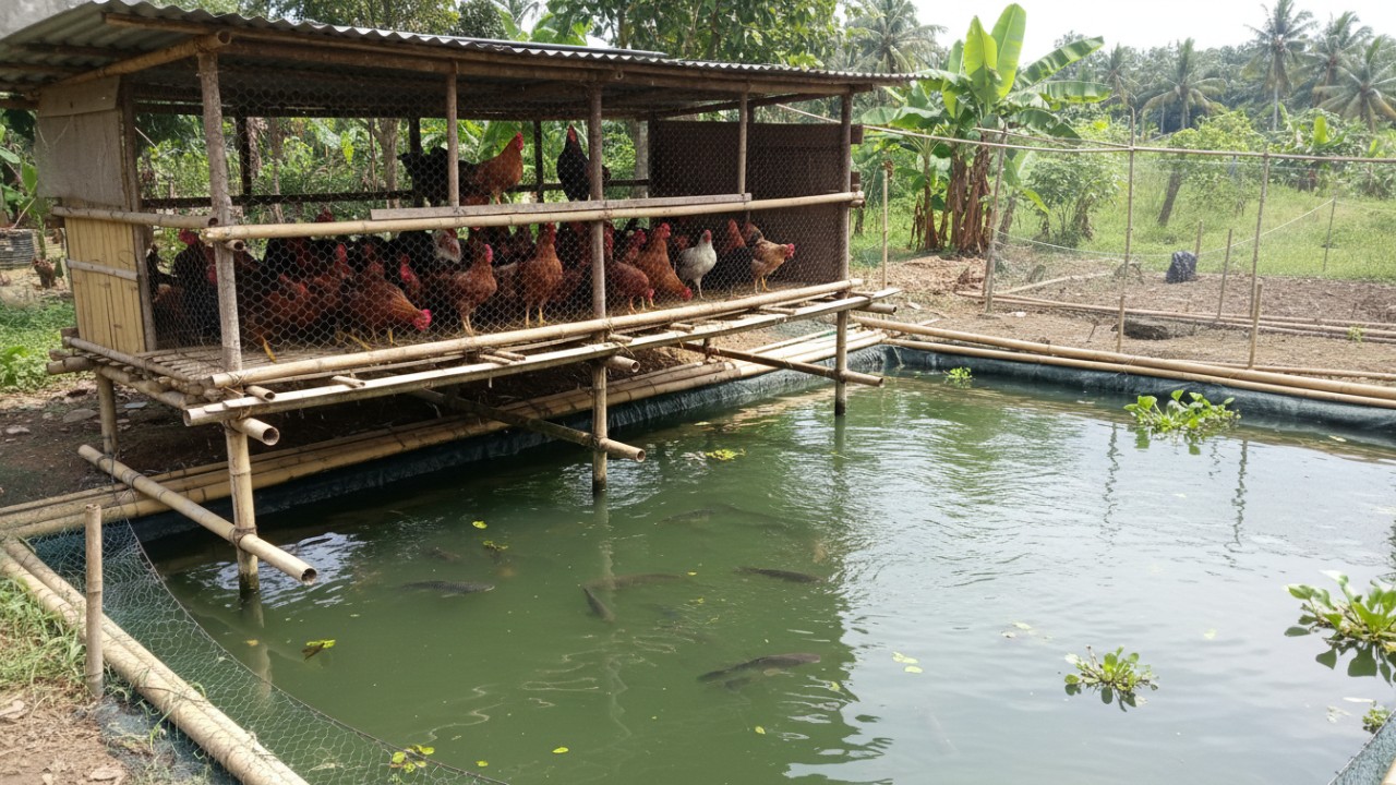 Kolam ikan air tawar di bawah kandang ayam sebagai contoh budidaya terpadu berbasis pemanfaatan limbah nutrisi.