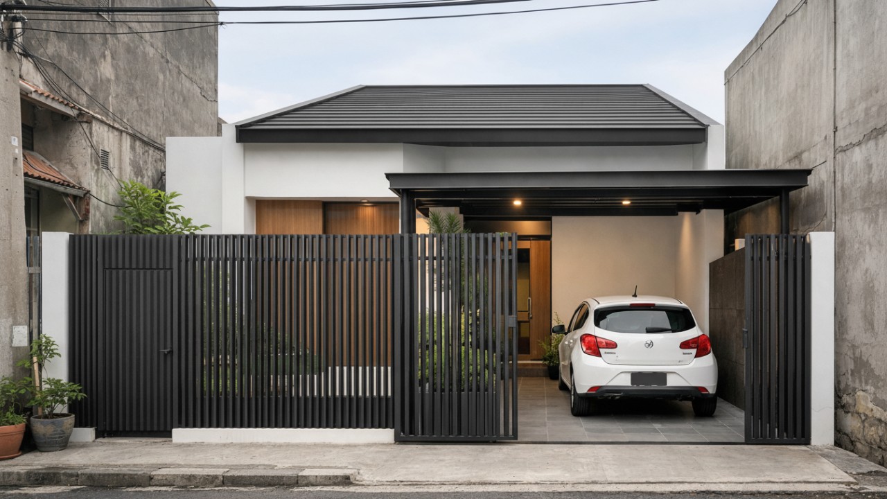 Pagar garis vertikal memberi kesan proporsi tinggi pada rumah minimalis.