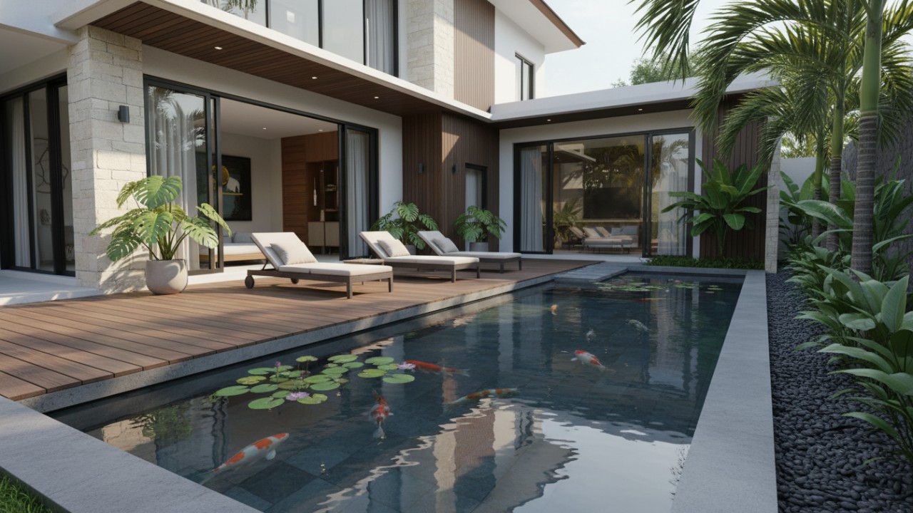 Kolam ikan minimalis di halaman belakang rumah modern dengan desain sederhana
