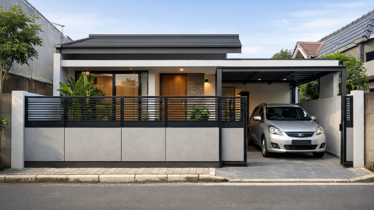 Pagar setengah solid menjaga privasi tanpa menutup ruang visual pada rumah minimalis.