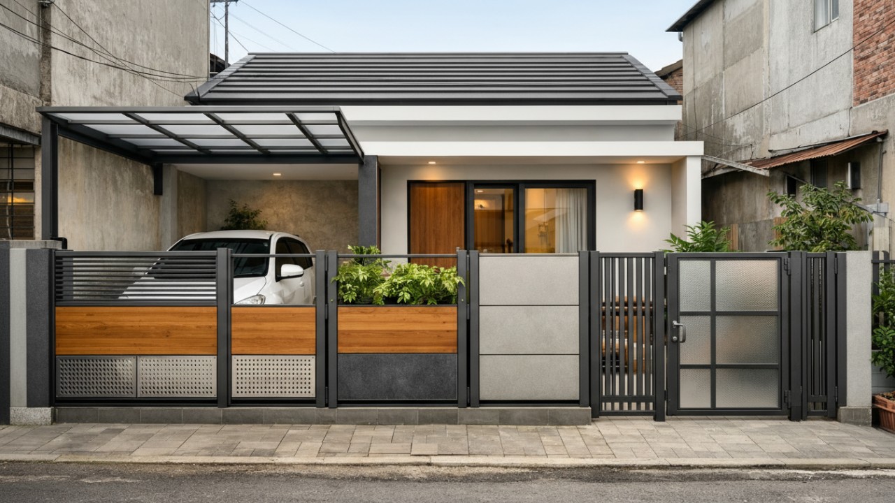 Pagar model modular yang fleksibel pada rumah minimalis.