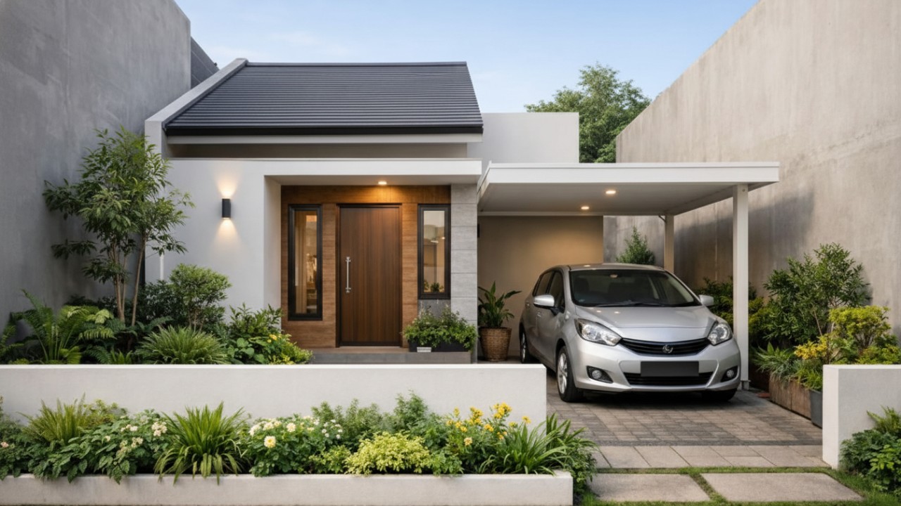 Pagar rumah rendah berpadu lanskap depan menciptakan kesan sejuk dan terbuka pada rumah minimalis.