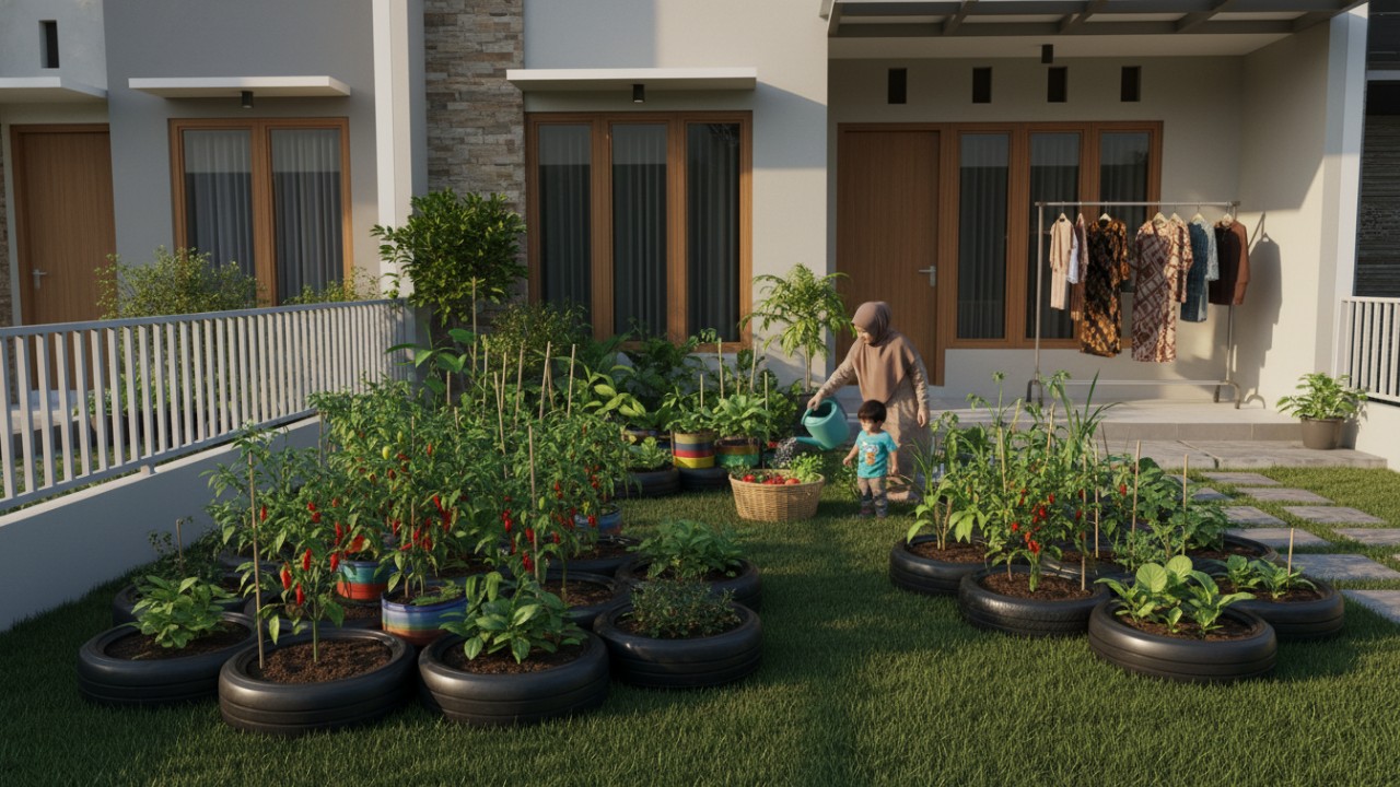 Kebun sayur rumah memanfaatkan ban motor bekas sebagai pot tanam yang tersusun rapi dan berwarna.