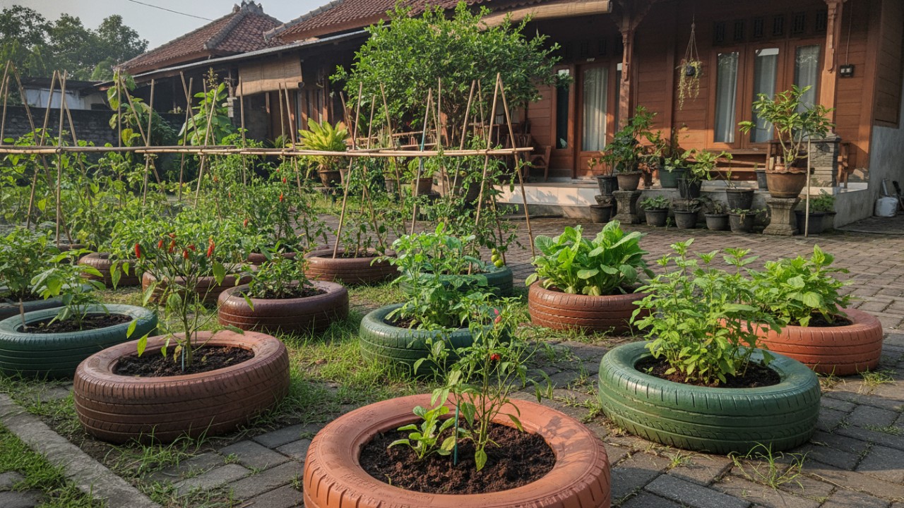 Ban motor bekas difungsikan sebagai media tanam sayur di pekarangan.