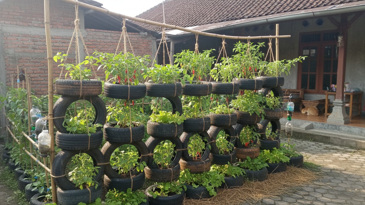 Susunan vertikal ban membantu efisiensi ruang rumah.