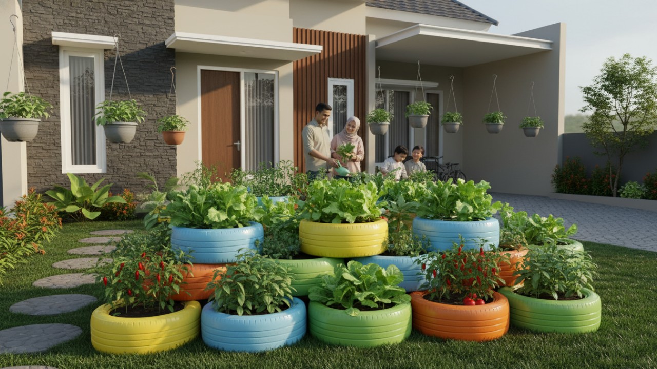 Pewarnaan ban memperkuat estetika kebun rumah.
