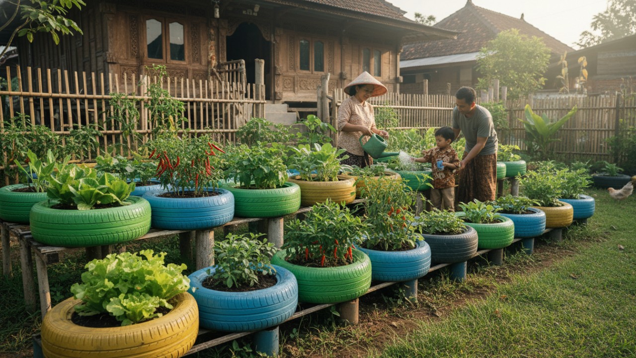 Kebun sayur ban bekas mendukung gaya hidup ramah lingkungan.
