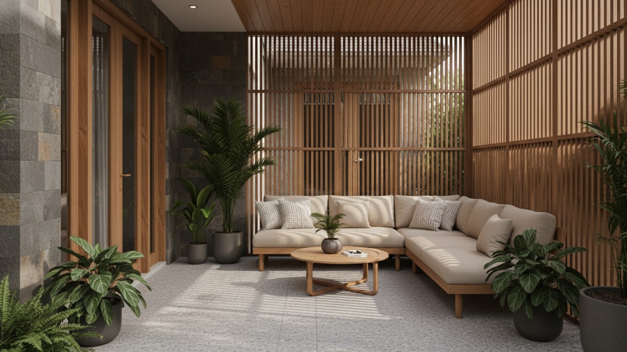 Teras rumah tertutup sebagai ruang adaptif yang menjaga privasi dan kenyamanan hunian modern.