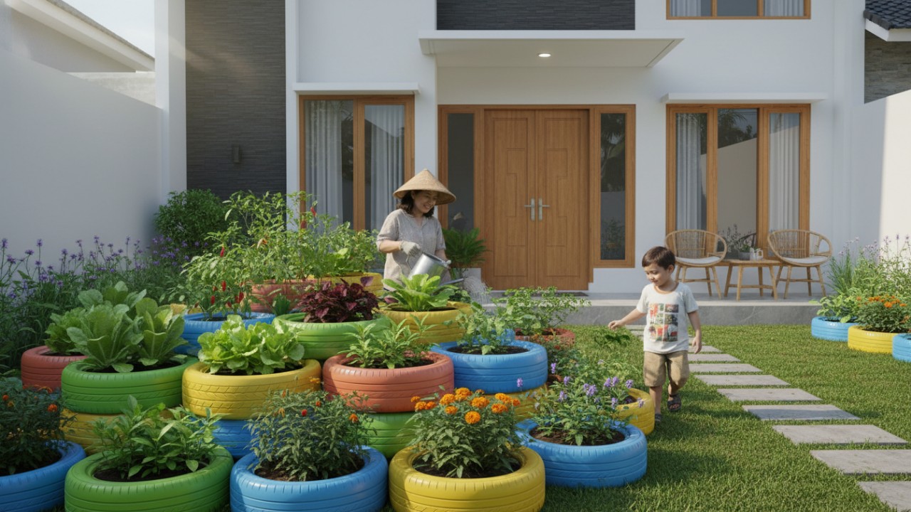 Kebun sayur pekarangan dengan ban motor bekas tersusun rapi dan menyatu dengan lanskap rumah.