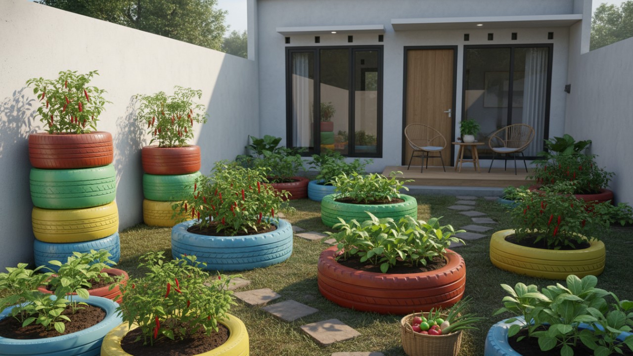 Susunan modular ban memudahkan perubahan desain kebun.