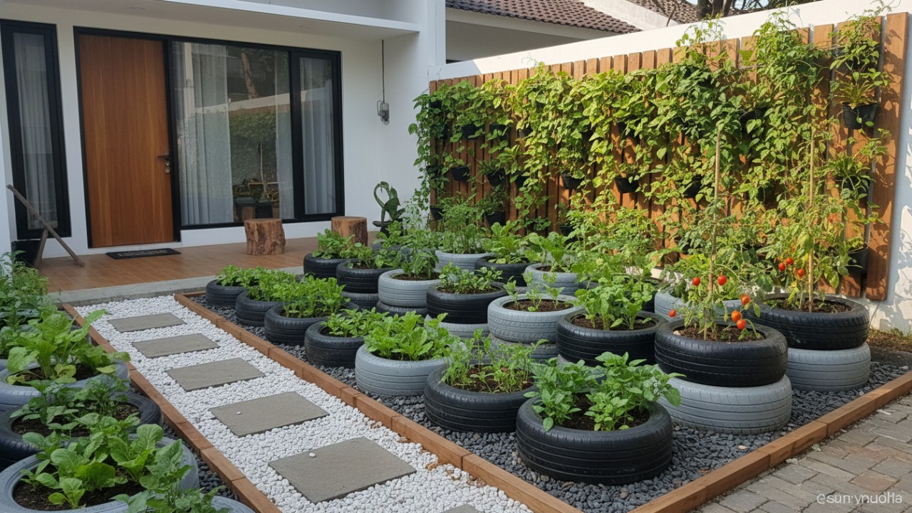 Kombinasi ban dengan batu dan kayu memperkuat estetika.
