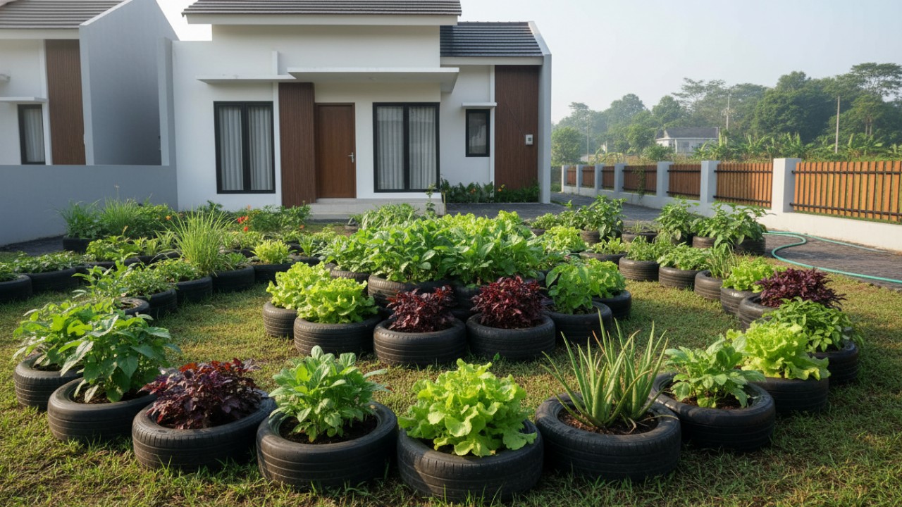 Tanaman sayur dan rempah tumbuh dalam satu area kebun.