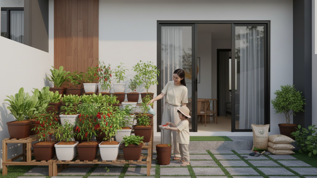 Cocopeat digunakan sebagai media tanam sayuran di kebun rumah modern.