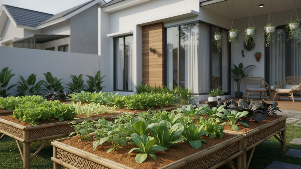 Sayuran daun tumbuh rapi di pot berisi cocopeat.